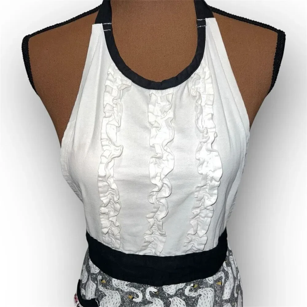 Simply Whimsical Swan Print Apron, Ruffled Bib 100% Cotton, Women’s One Size